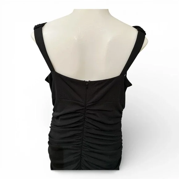 David Meister Black Ruched Cocktail Dress Size 10 Asymmetrical Neckline LBD - Picture 5 of 12